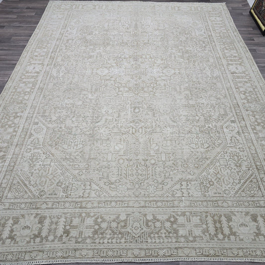 Vintage Area Rug / 9.50x12.70 feet / Hand Knotted Neutral Area Rug for Livingroom and Office Beige/Tan Brown Geometric Oriental Carpet