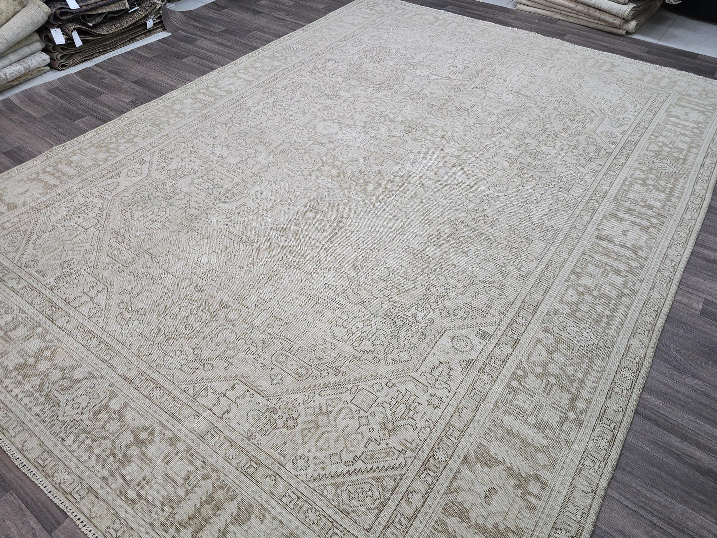 Vintage Area Rug / 9.50x12.70 feet / Hand Knotted Neutral Area Rug for Livingroom and Office Beige/Tan Brown Geometric Oriental Carpet