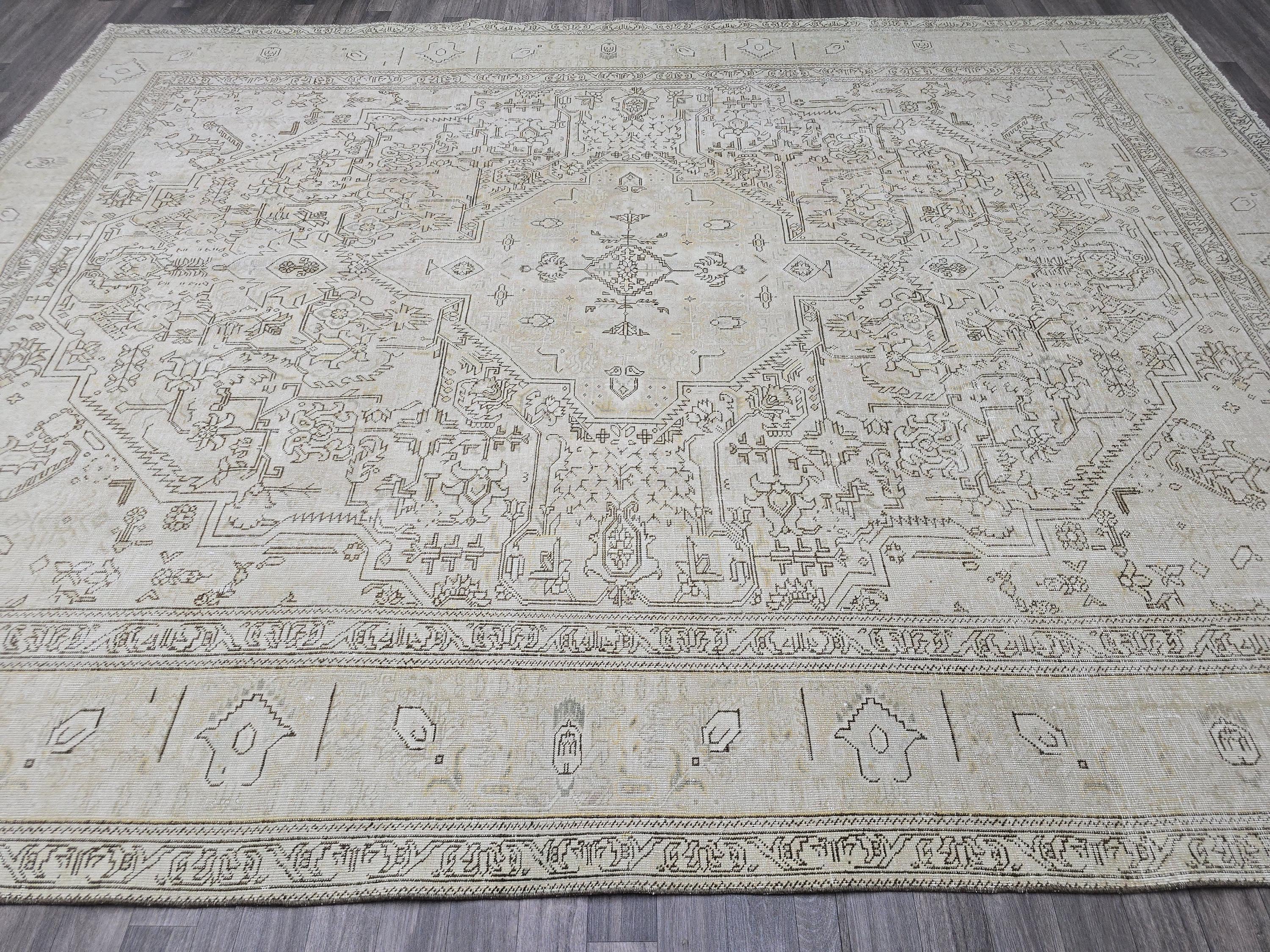Neutral Turkish Oushak Area Rug 9x12 Beige Cream Brown Vintage Handmade