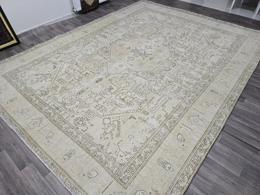 Neutral Turkish Oushak Area Rug 9x12 Beige Cream Brown Vintage Handmade