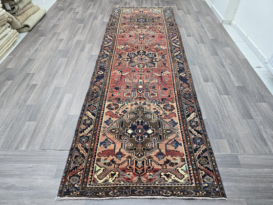 3.5x11 Vintage Turkish Rug Runner for Wide Hallway, Entry and Kitchen - Hand Knotted Wool Anatolian Traditional Runner Pastel Colors