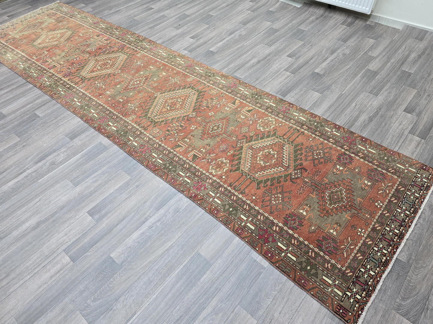 Vintage Turkish Runner Rug, Handknotted Tribal Anatolian Carpet in Terracotta, Olive Green and Pink, Boho Hallway Runner (3.50x13.30 feet)