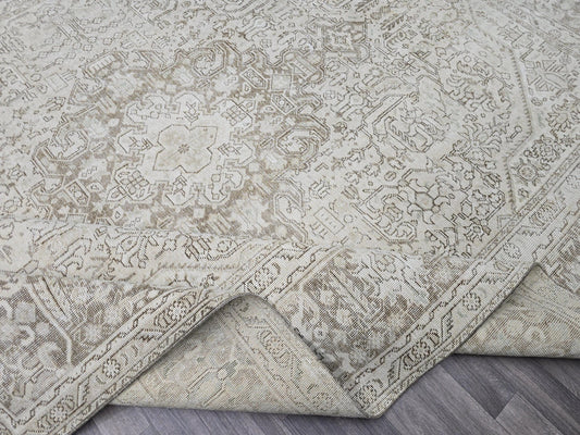 Neutral Area Rug 9x12/ Oversize Vintage Carpet for Livingroom / Hand Knotted Wool Carpet/ Heriz Rug/ Oriental Geometric Beige/Tan Brown Rug