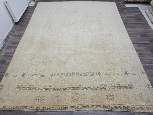 Large Neutral Vintage Turkish Wool Rug | Handwoven Oushak Area Rug | Beige Cream  9.6x12.6 ft  | Free Shipping