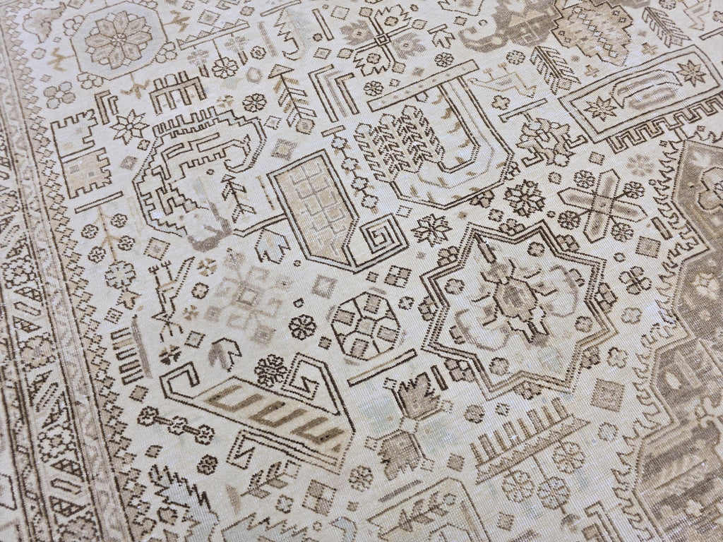 10x12 Vintage Handwoven Wool Rug: Neutral Beige Persian Heriz Style, 9'6" x 12'1"