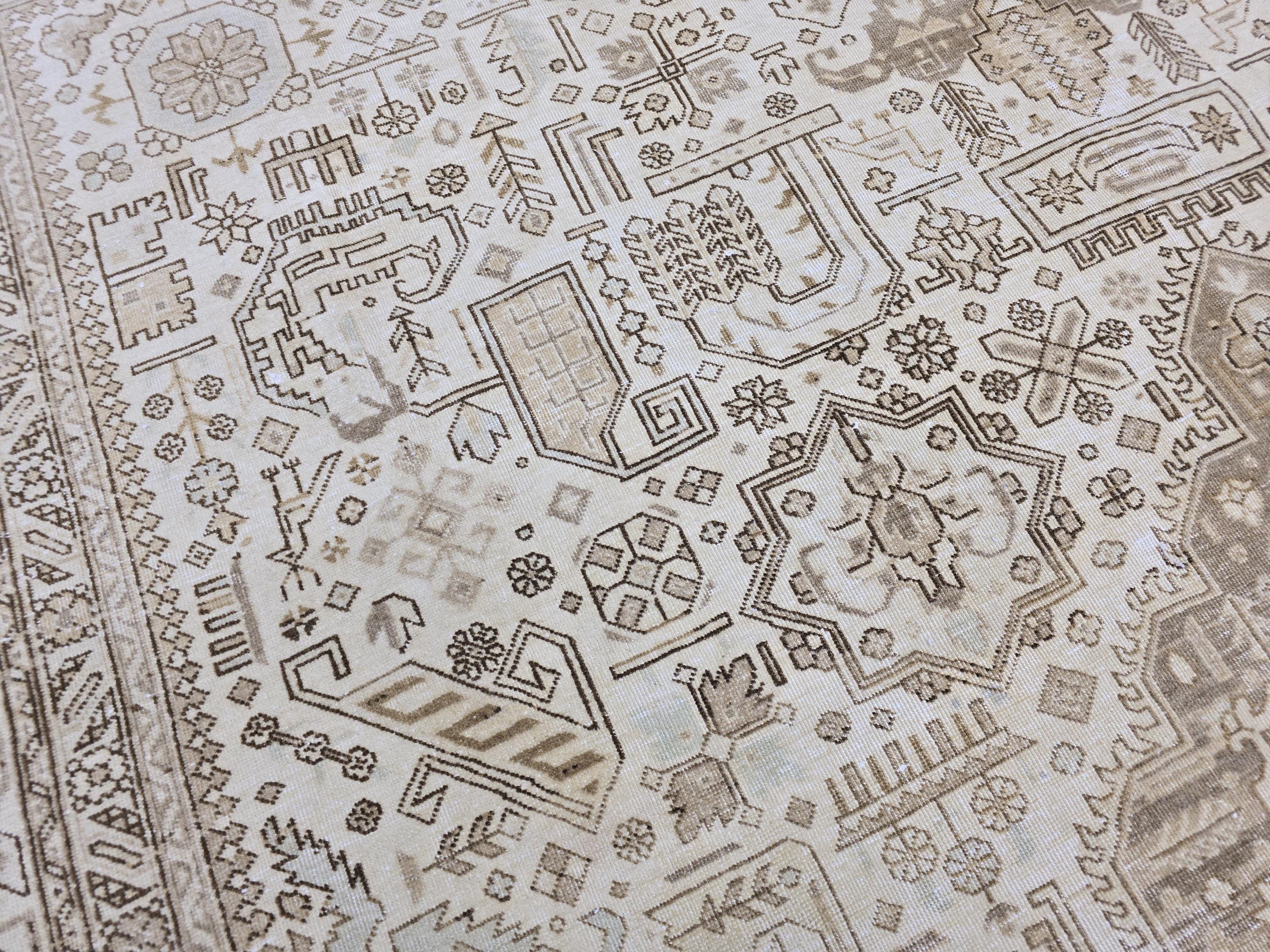 10x12 Vintage Handwoven Wool Rug: Neutral Beige Persian Heriz Style, 9'6" x 12'1"