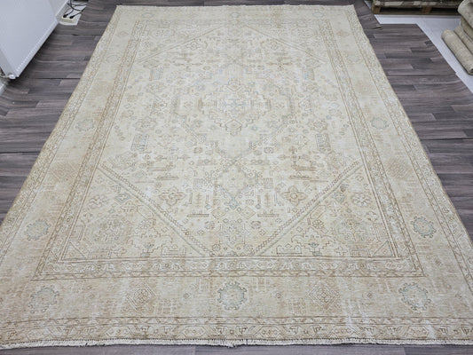 Large Neutral Vintage Turkish Oushak Rug | Handwoven Wool Area Rug | Beige Cream Geometric Design | 9'3" x 12'2" | Free Shipping