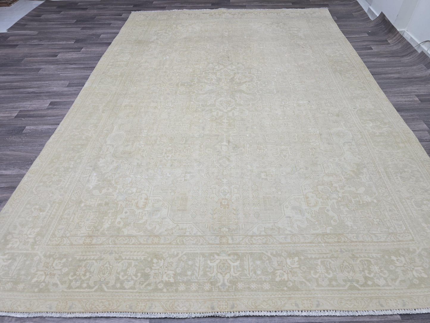 8x11 Neutral Vintage Turkish Rug | Handwoven Oushak Area Rug | Beige Cream Distressed Oriental Carpet | Large Living Room Rug