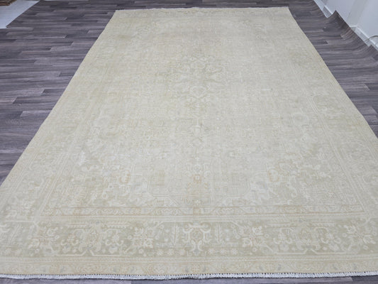 8x11 Neutral Vintage Turkish Rug | Handwoven Oushak Area Rug | Beige Cream Distressed Oriental Carpet | Large Living Room Rug