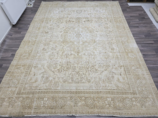 9x12 Turkish Rug - Vintage Handwoven Turkish Rug, Large Neutral Area Rug 9'4" x 12'5" ft, Beige Oushak Carpet, Bohemian Living Room Decor