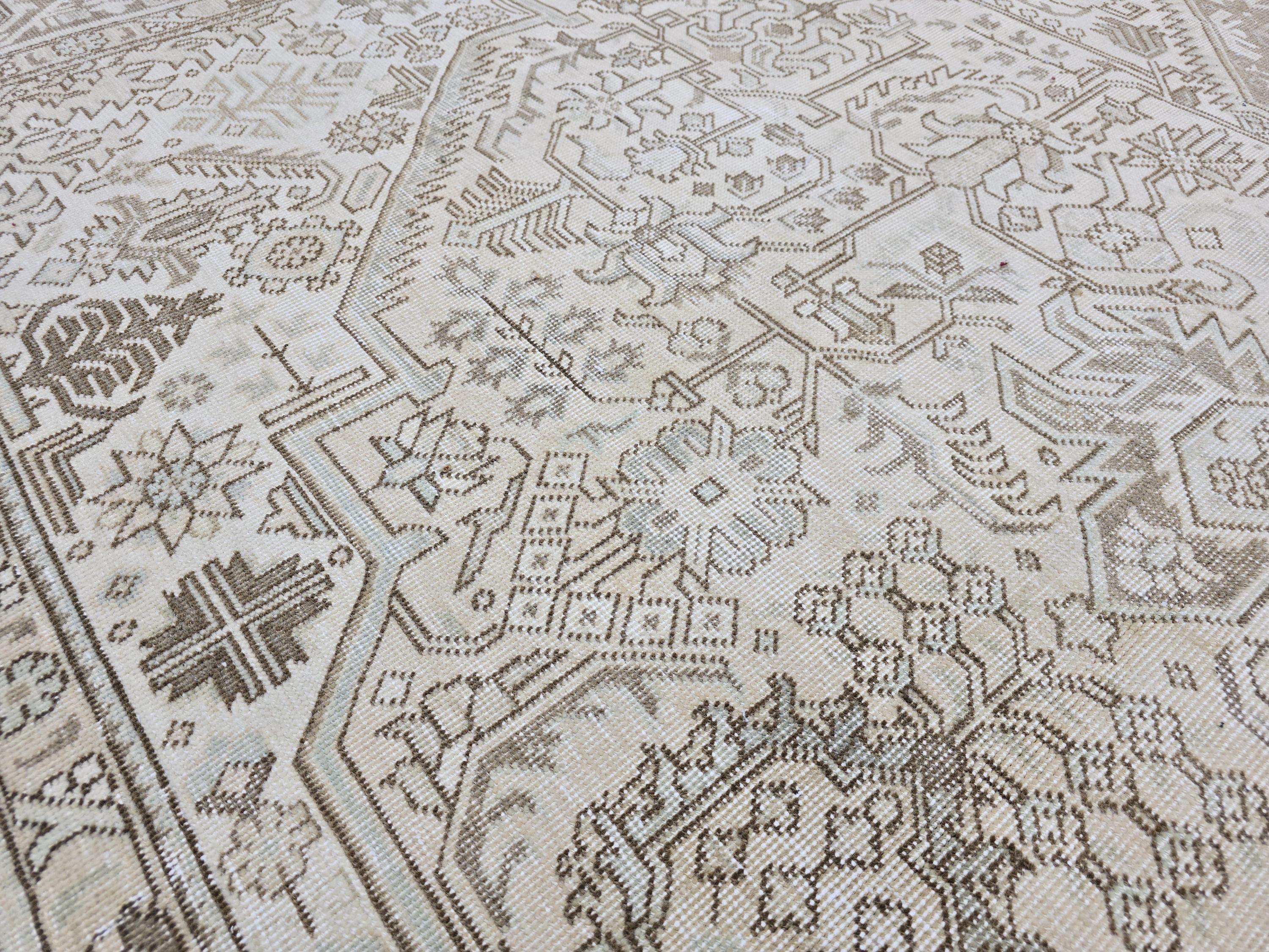 Oversize Vintage Oushak Rug (9.3x12.45 ft): Neutral Beige Turkish Hand-Knotted Wool Carpet