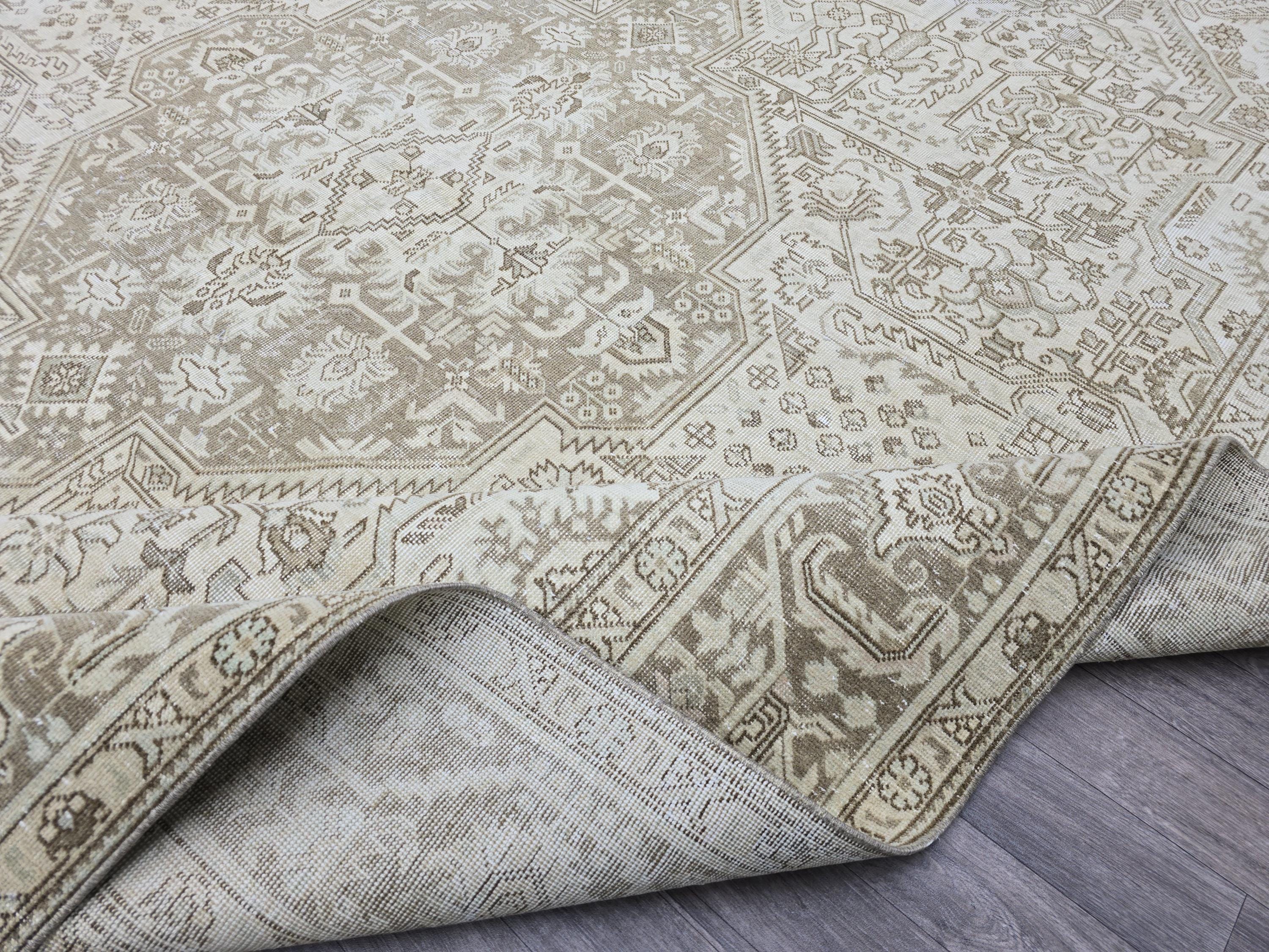 Oversize Vintage Oushak Rug (9.3x12.45 ft): Neutral Beige Turkish Hand-Knotted Wool Carpet