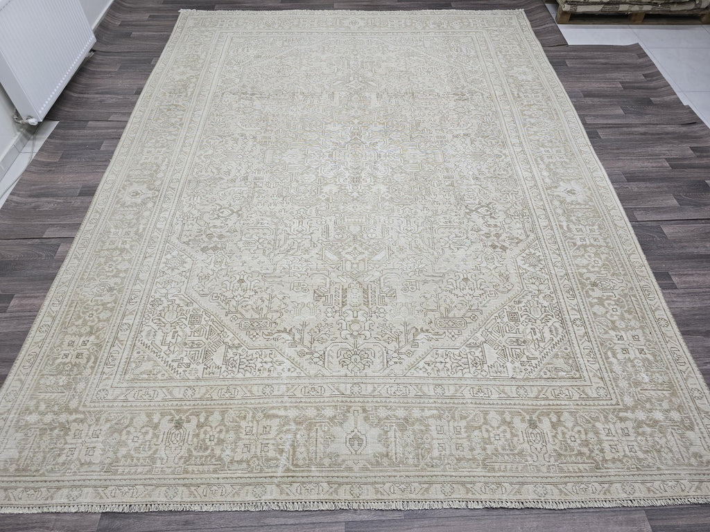 Vintage Neutral Wool Rug: 9.30x12.25 ft, Hand-Woven Distressed Turkish Carpet
