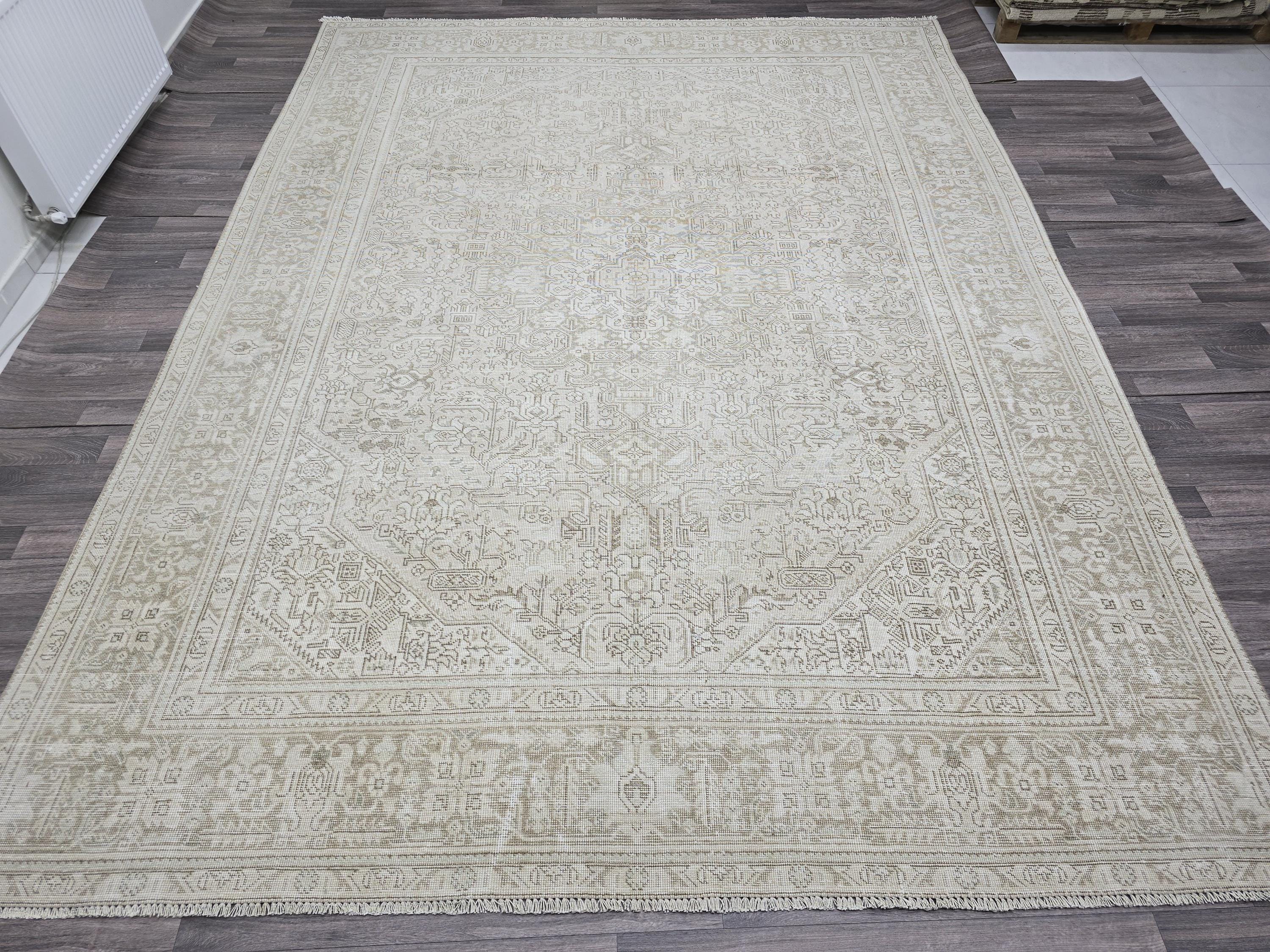 Vintage Neutral Wool Rug: 9.30x12.25 ft, Hand-Woven Distressed Turkish Carpet