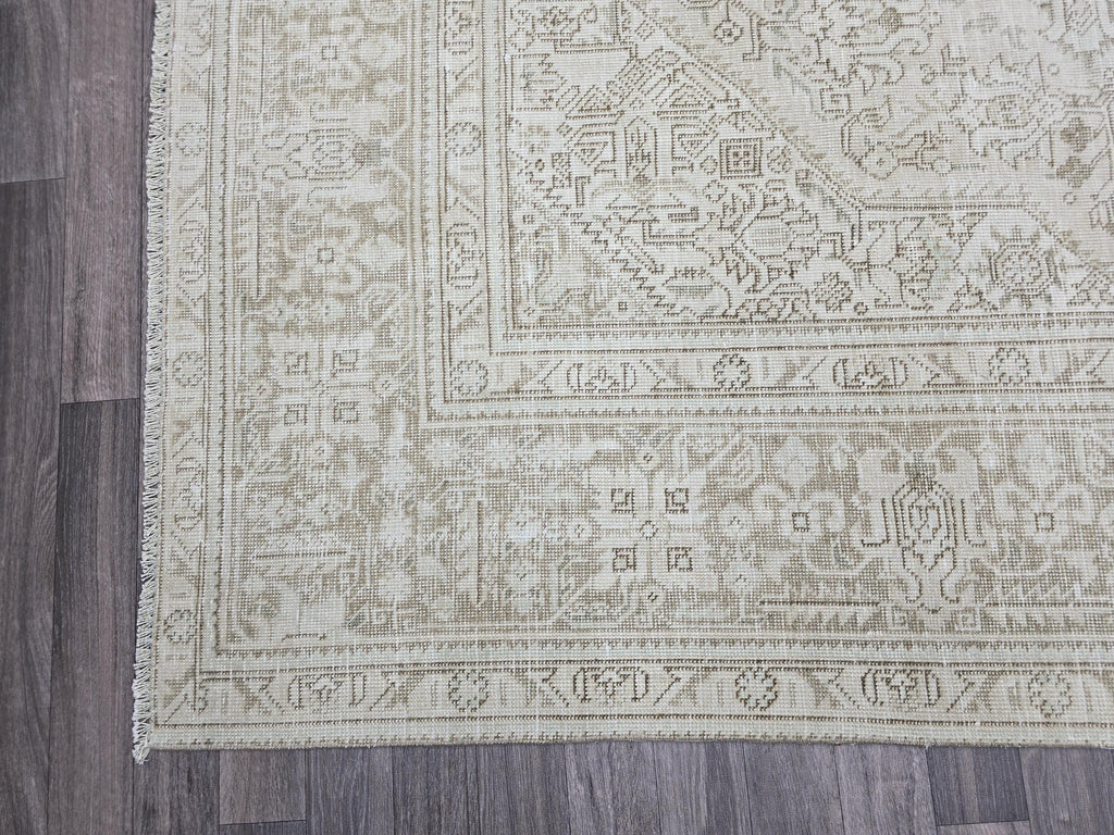 Vintage Neutral Wool Rug: 9.30x12.25 ft, Hand-Woven Distressed Turkish Carpet