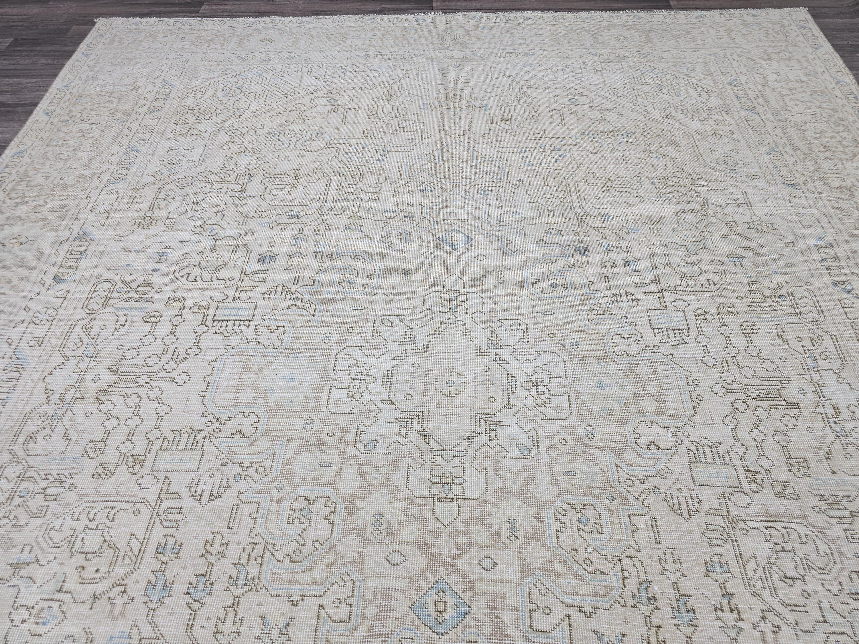 Handmade Distressed Turkish Area Rug: 9.3x12 ft, Faded Neutral Wool