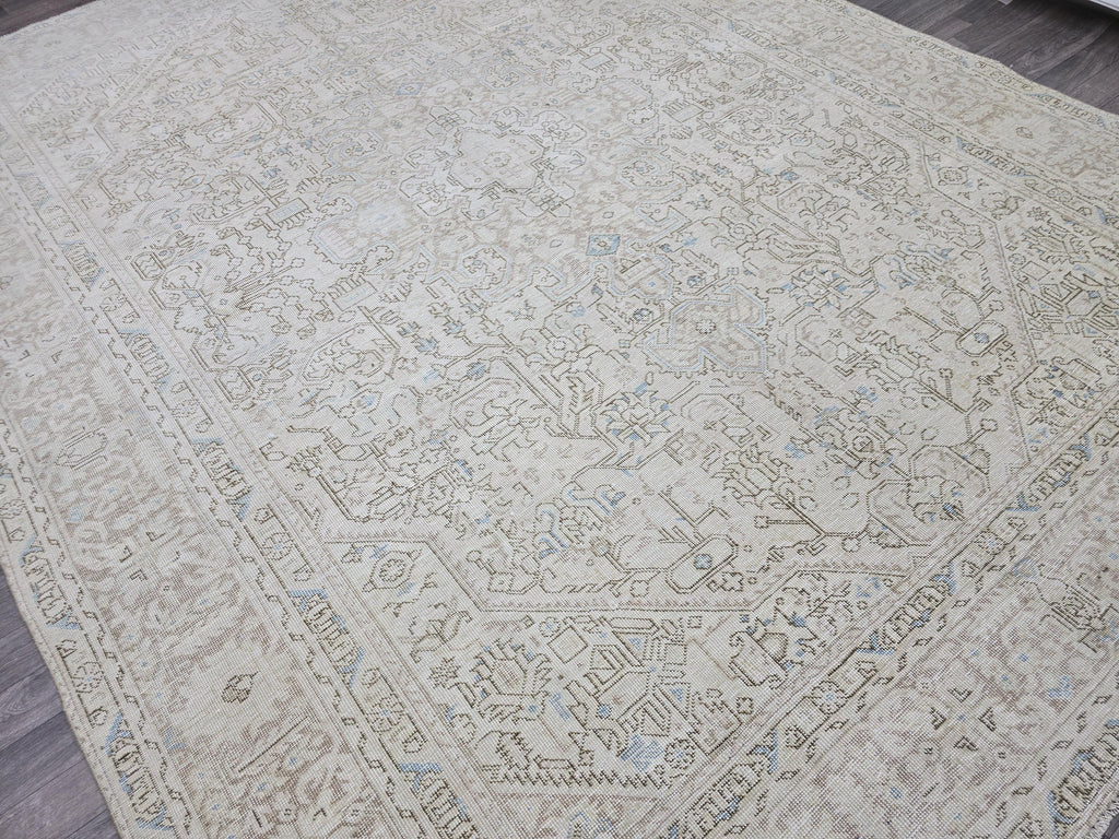 Handmade Distressed Turkish Area Rug: 9.3x12 ft, Faded Neutral Wool