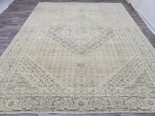 10x12 Vintage Turkish Rug: Hand-Knotted Wool, Neutral Geometric Carpet