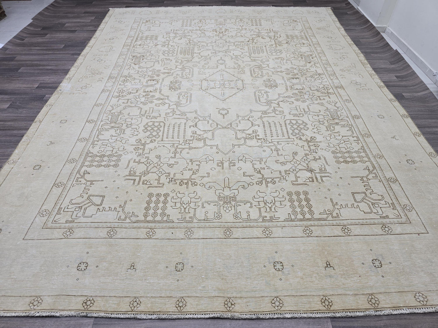 Large Turkish Neutral Vintage Area Rug 9.3 x 12.75 feet