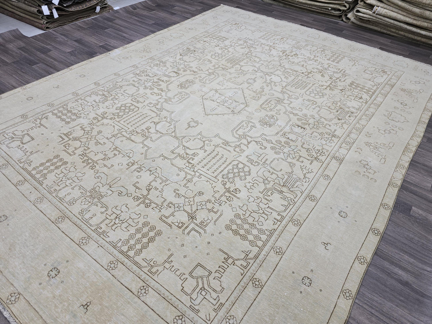 Large Turkish Neutral Vintage Area Rug 9.3 x 12.75 feet