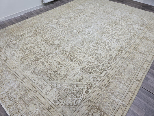 Classic Vintage Turkish Area Rug Handmade Neutral 9x12