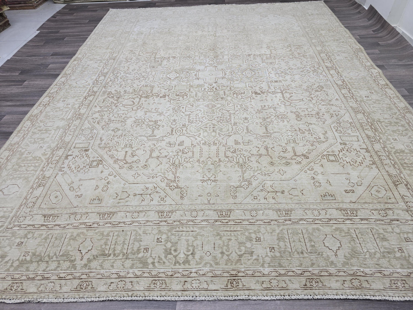 10x12 Neutral Vintage Hand-Knotted Geometric Rug - Beige & Brown | Faded Tan Hue | Large Area Rug 9.6x12.4 ft Heriz Carpet