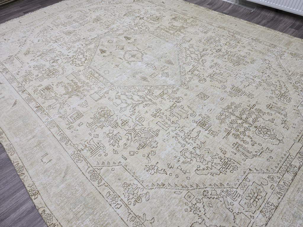 Oversize Neutral Oushak Rug: 9.25x12.8 ft Distressed Turkish Wool Carpet