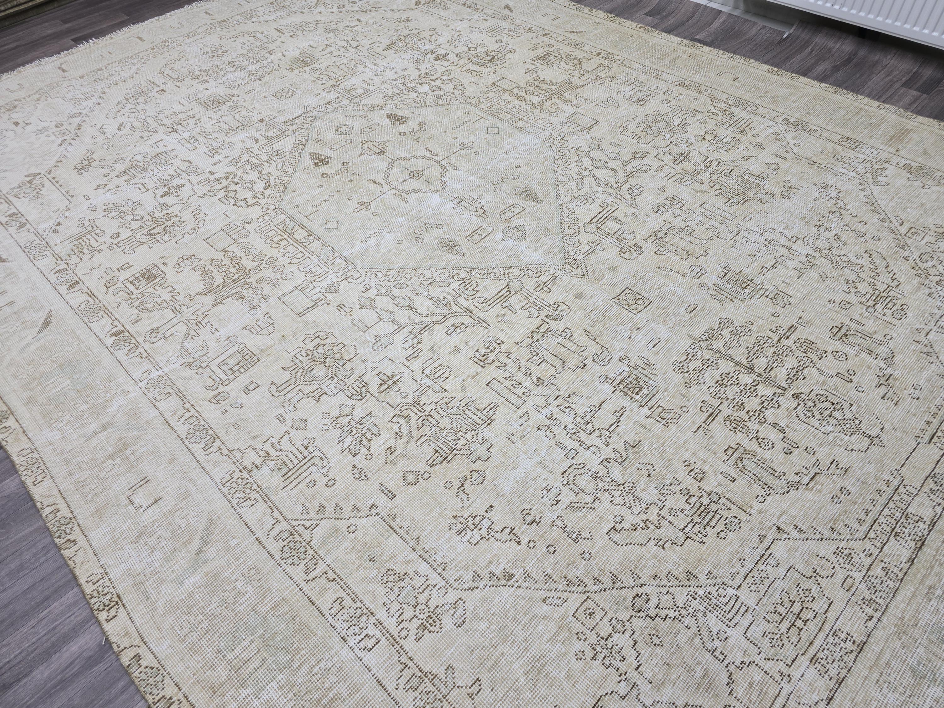 Oversize Neutral Oushak Rug: 9.25x12.8 ft Distressed Turkish Wool Carpet