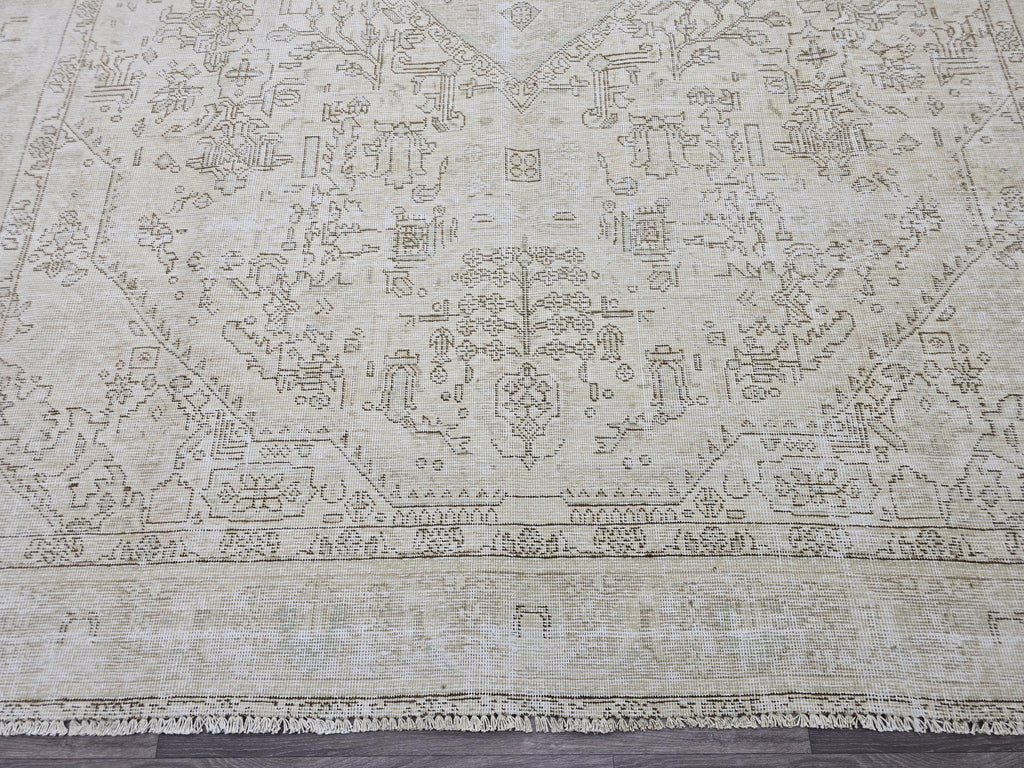 Oversize Neutral Oushak Rug: 9.25x12.8 ft Distressed Turkish Wool Carpet