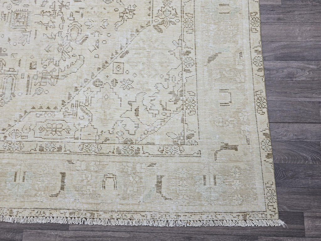 Oversize Neutral Oushak Rug: 9.25x12.8 ft Distressed Turkish Wool Carpet