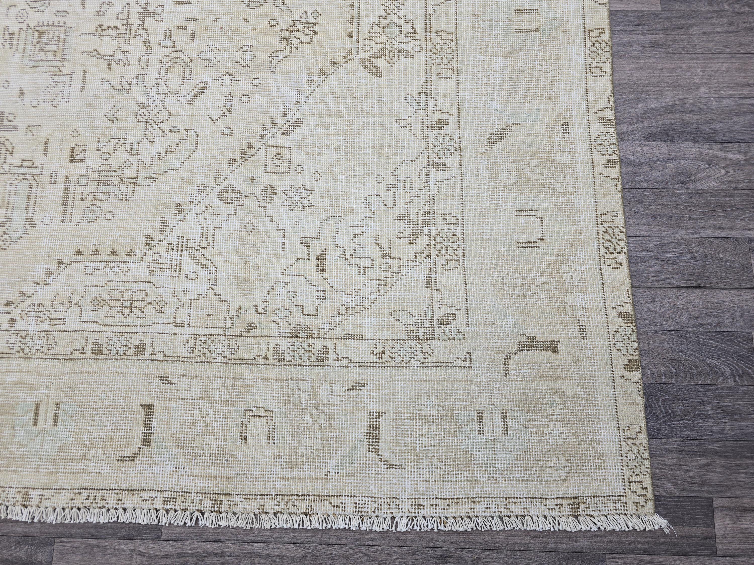 Oversize Neutral Oushak Rug: 9.25x12.8 ft Distressed Turkish Wool Carpet