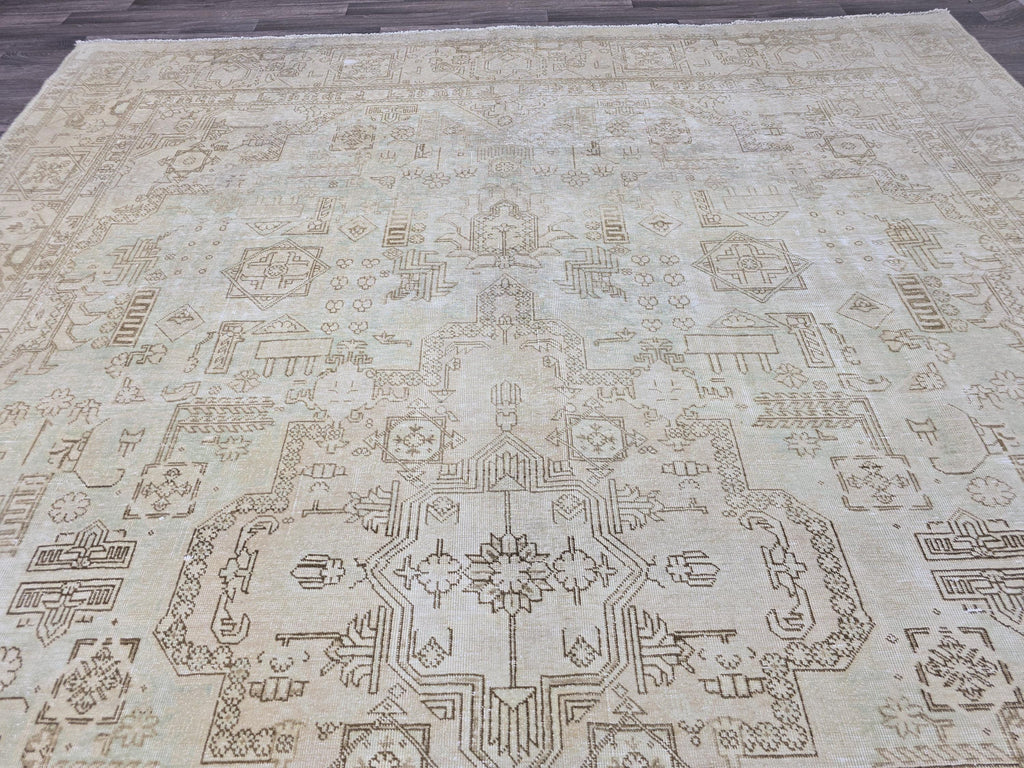 10x12 Hand Knotted Wool Turkish Oushak Rug: Neutral Distressed Area Rug