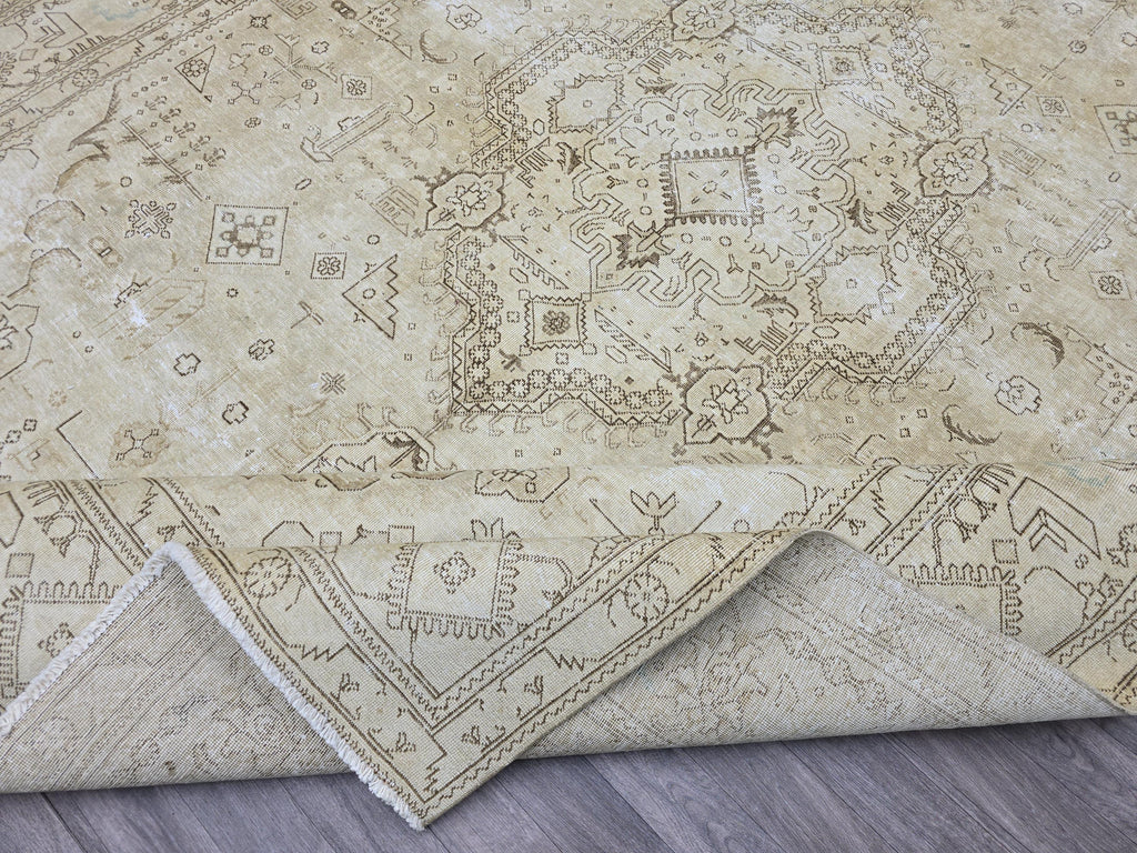 Oversized Turkish Oushak Rug: 9.65 x 12.6 Beige Medallion Wool Carpet