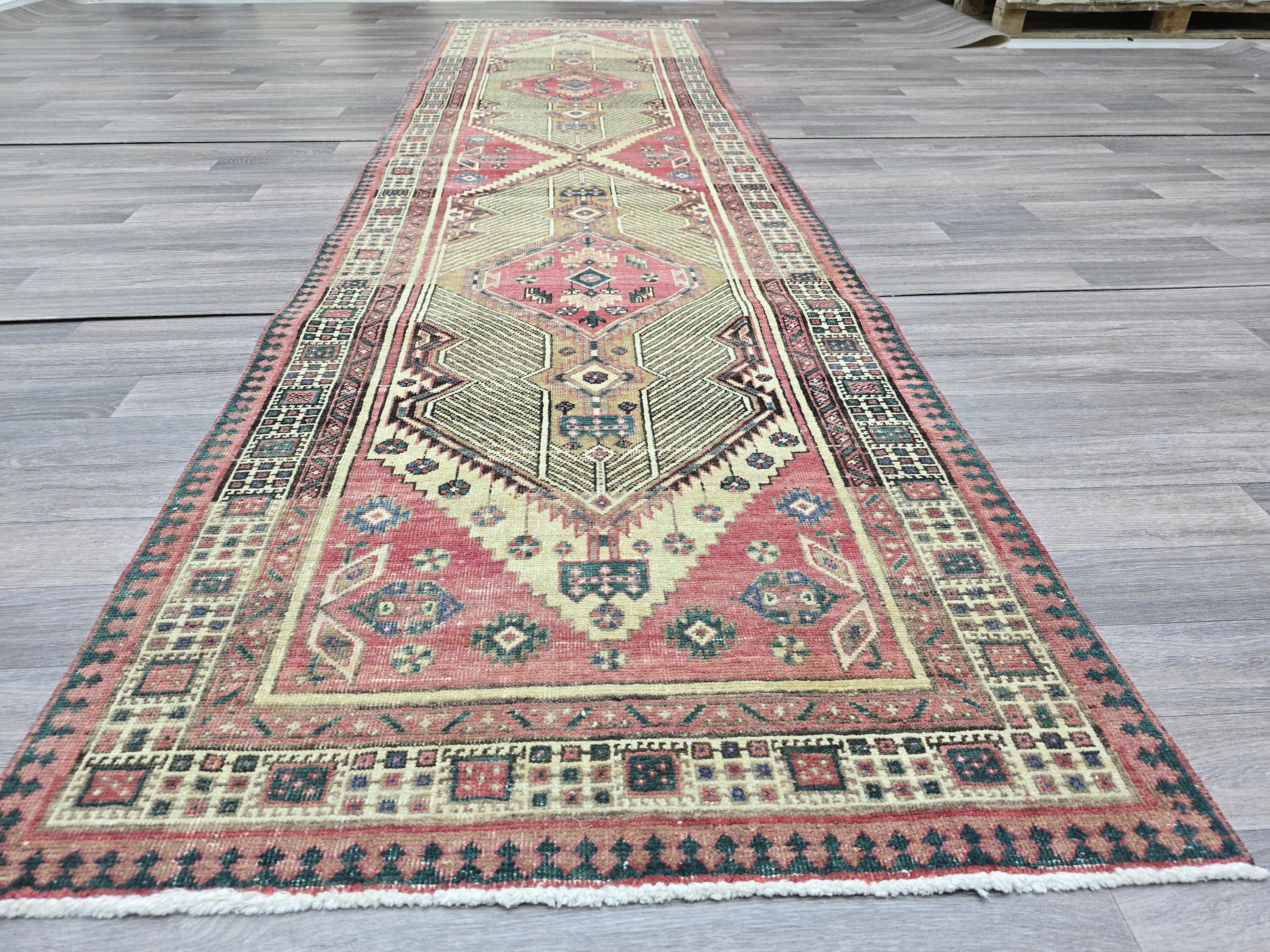 Vintage Turkish Runner Rug 3x11: Handknotted Oushak, Pastel Geometric Hallway Rug