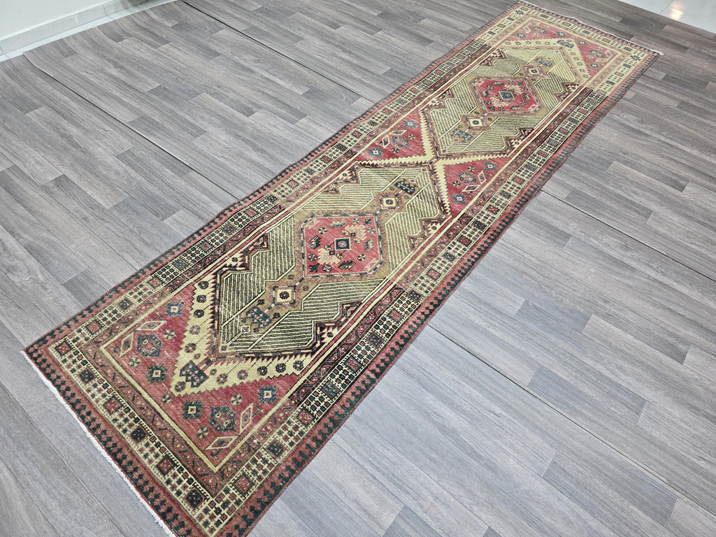 Vintage Turkish Runner Rug 3x11: Handknotted Oushak, Pastel Geometric Hallway Rug