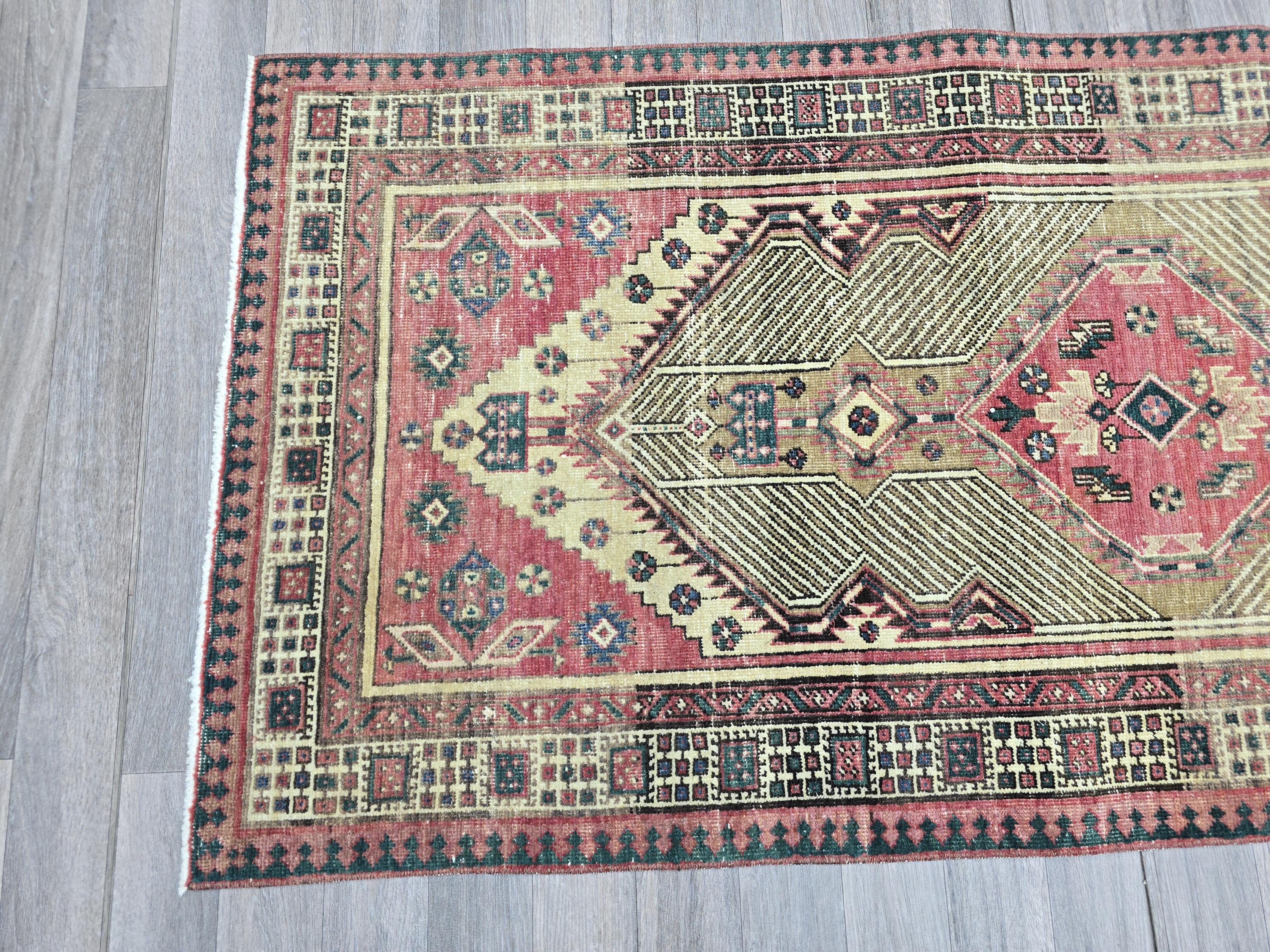 Vintage Turkish Runner Rug 3x11: Handknotted Oushak, Pastel Geometric Hallway Rug