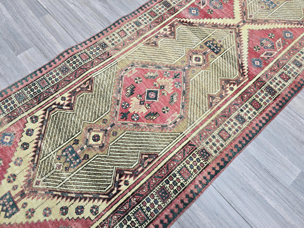 Vintage Turkish Runner Rug 3x11: Handknotted Oushak, Pastel Geometric Hallway Rug