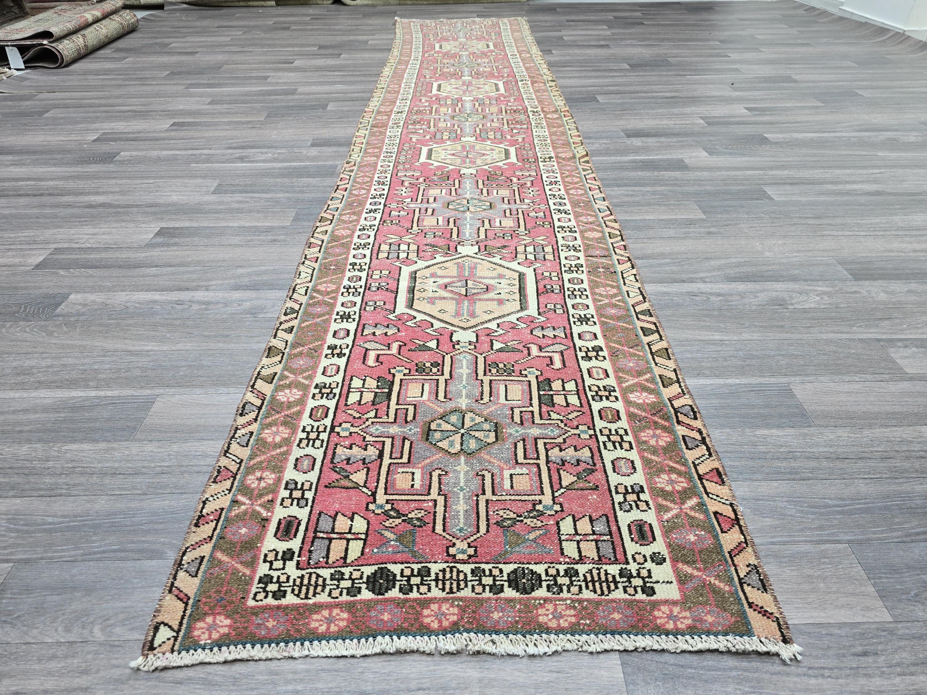 Vintage Turkish Runner Rug: Pink Beige Handknotted Wool, Geometric Hallway Decor (2.4x12.2 ft)