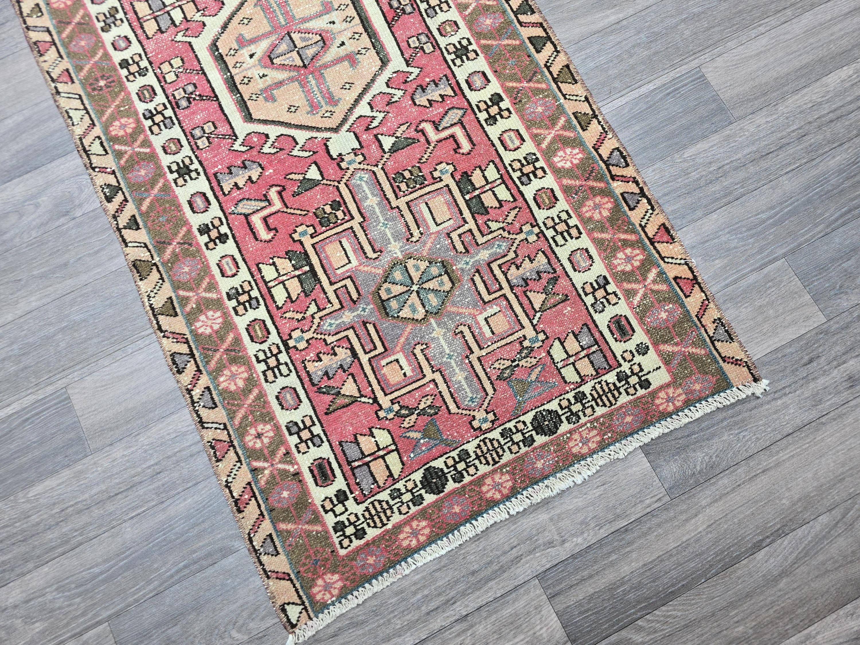 Vintage Turkish Runner Rug: Pink Beige Handknotted Wool, Geometric Hallway Decor (2.4x12.2 ft)