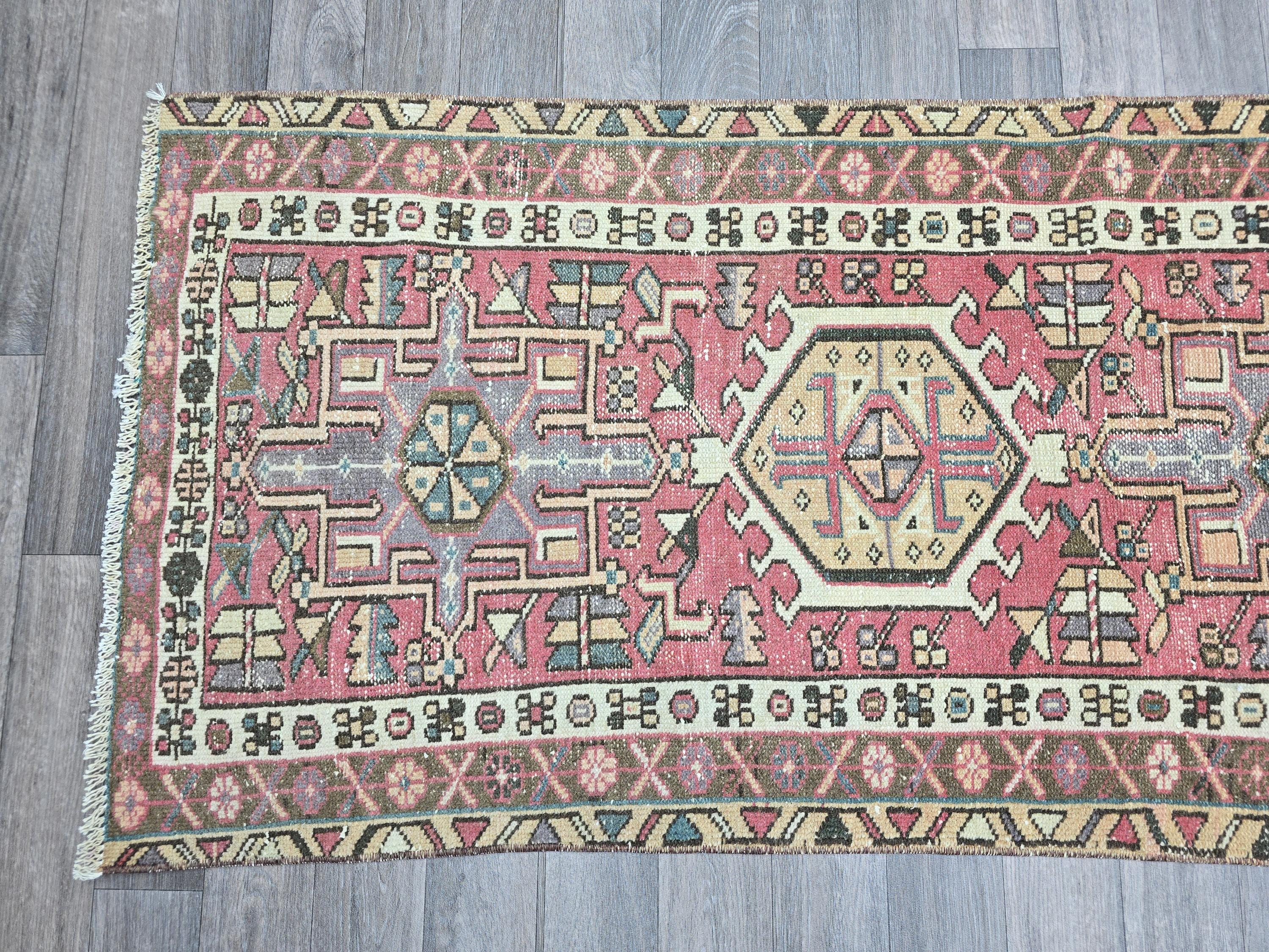 Vintage Turkish Runner Rug: Pink Beige Handknotted Wool, Geometric Hallway Decor (2.4x12.2 ft)