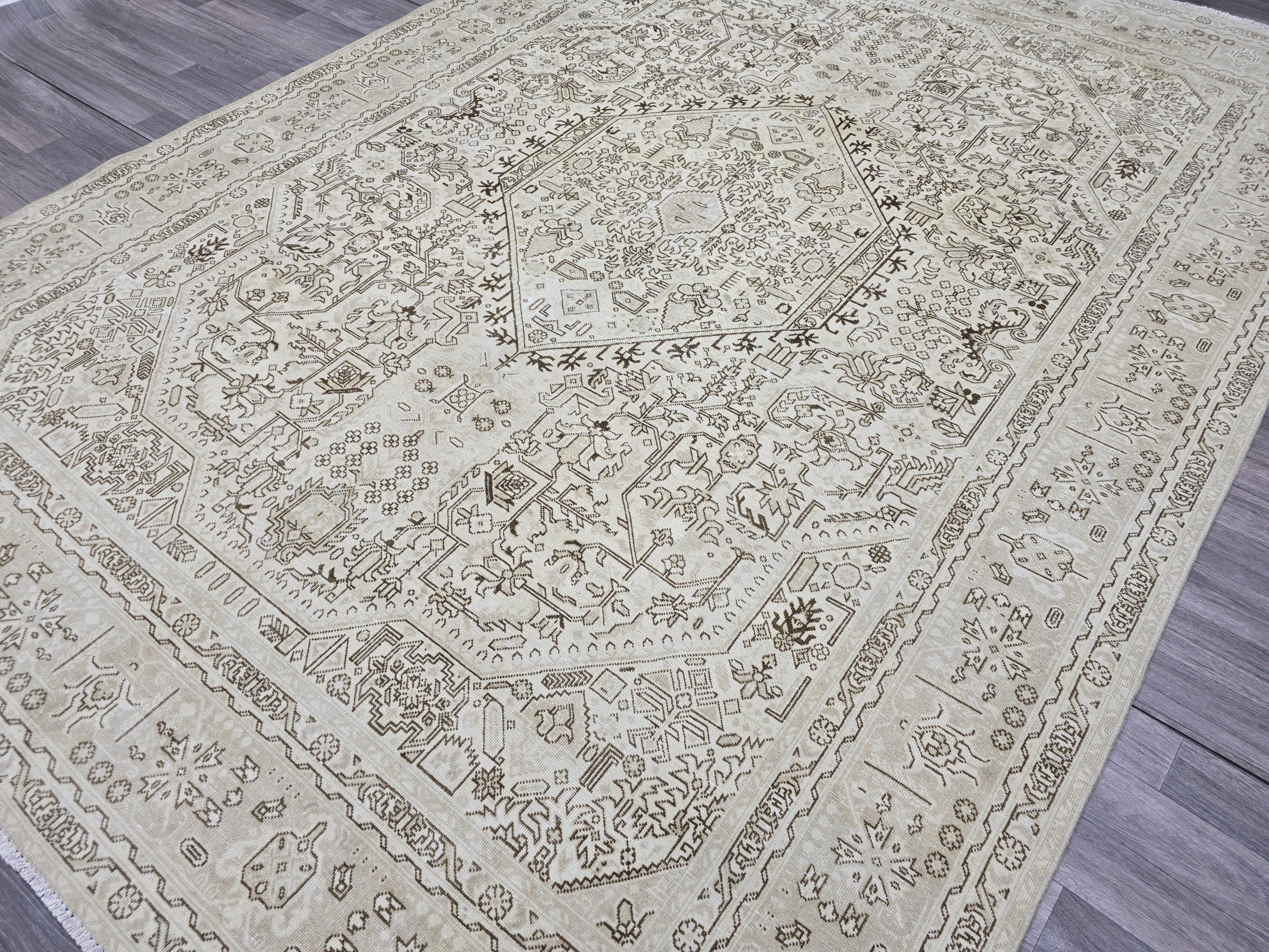 8x11 ft Neutral Oushak Rug: Hand-Knotted Wool Vintage Carpet