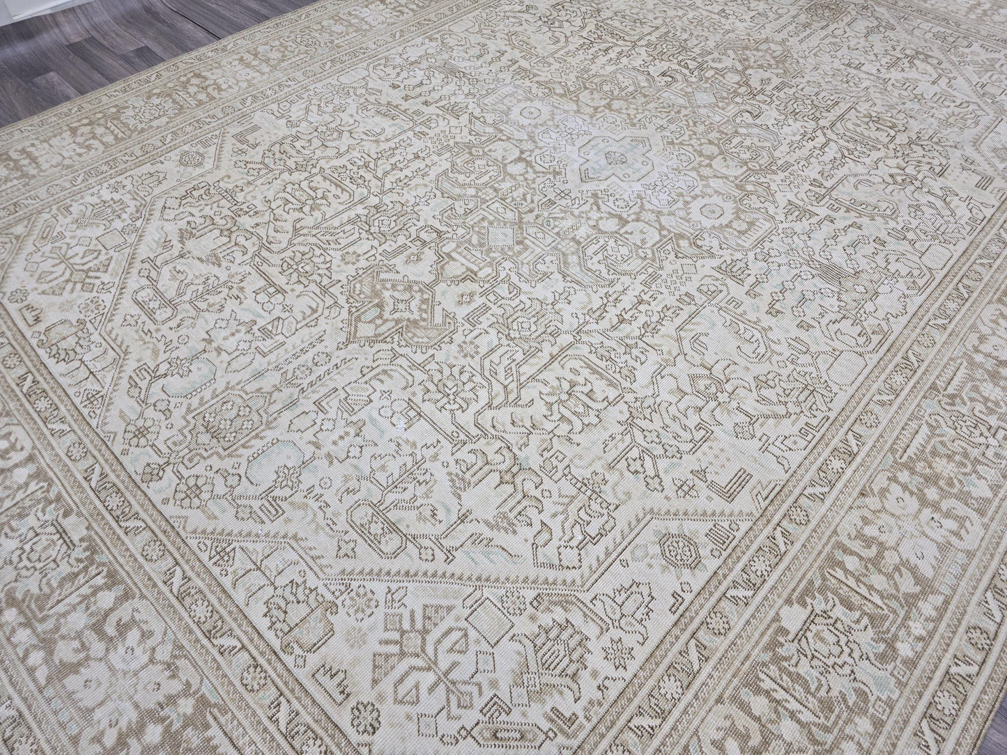 9x12 Oversize Neutral Vintage Heriz Area Rug Beige/Cream Brown Geometric / Tabriz Rug / Muted Oushak Rug
