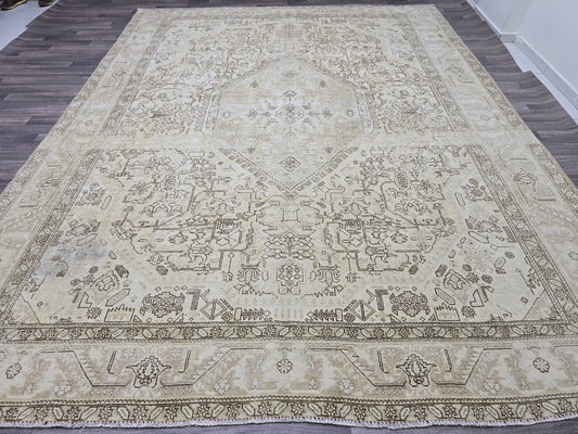 9x12 Neutral Turkish Oushak Rug, 9.5x12.2 Ft Vintage Beige Handwoven Area Rug, Large Antique Oriental Living Room Carpet