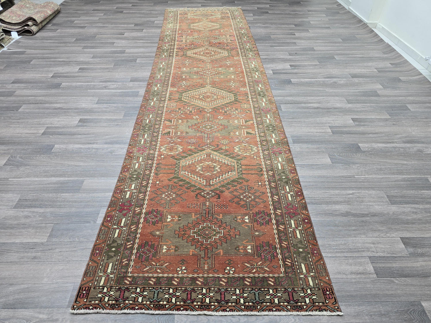 Vintage Turkish Runner Rug, Handknotted Tribal Anatolian Carpet in Terracotta, Olive Green and Pink, Boho Hallway Runner (3.50x13.30 feet)
