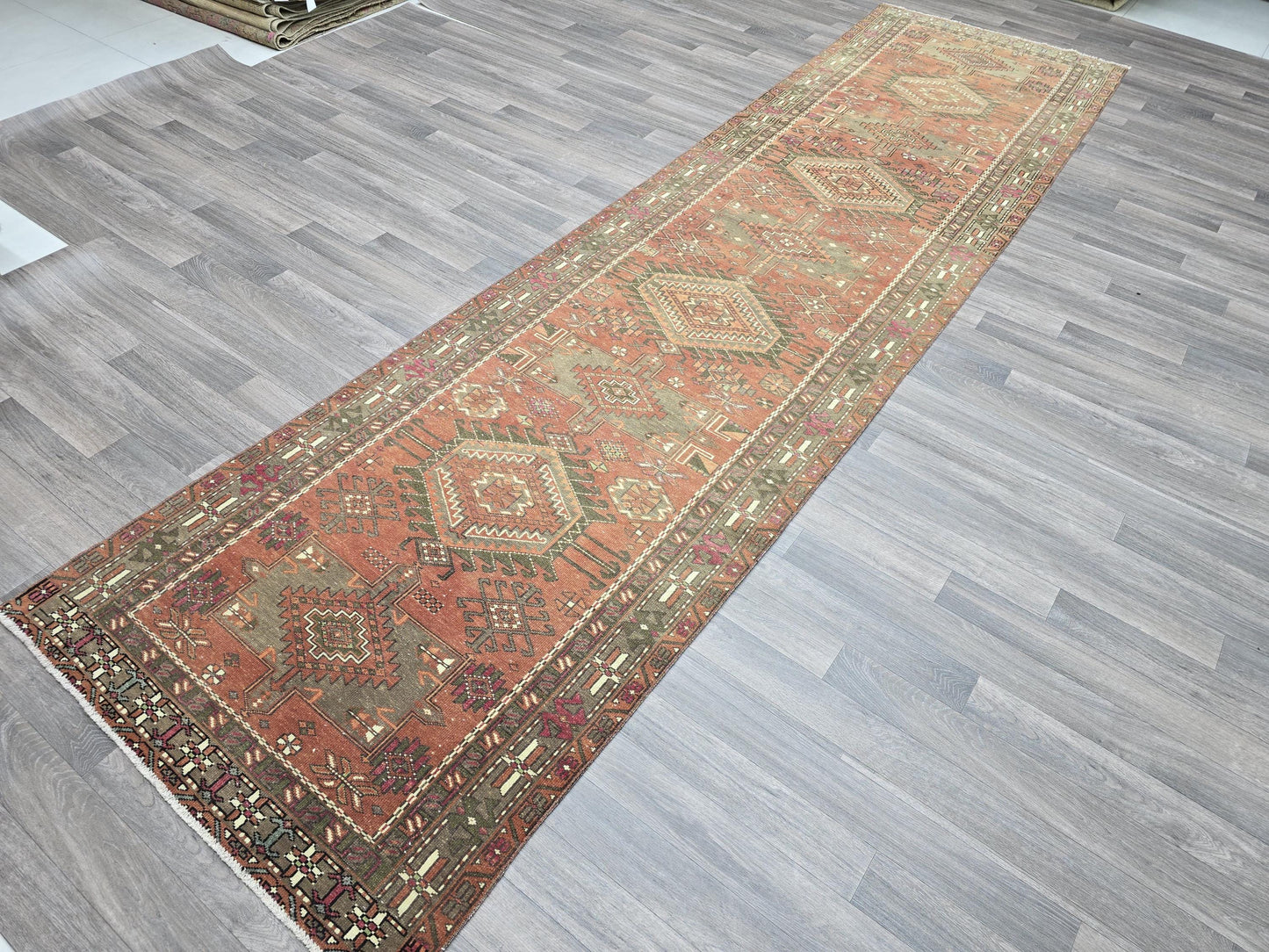 Vintage Turkish Runner Rug, Handknotted Tribal Anatolian Carpet in Terracotta, Olive Green and Pink, Boho Hallway Runner (3.50x13.30 feet)