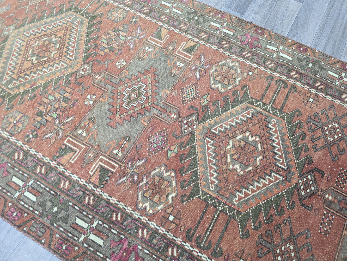 Vintage Turkish Runner Rug, Handknotted Tribal Anatolian Carpet in Terracotta, Olive Green and Pink, Boho Hallway Runner (3.50x13.30 feet)