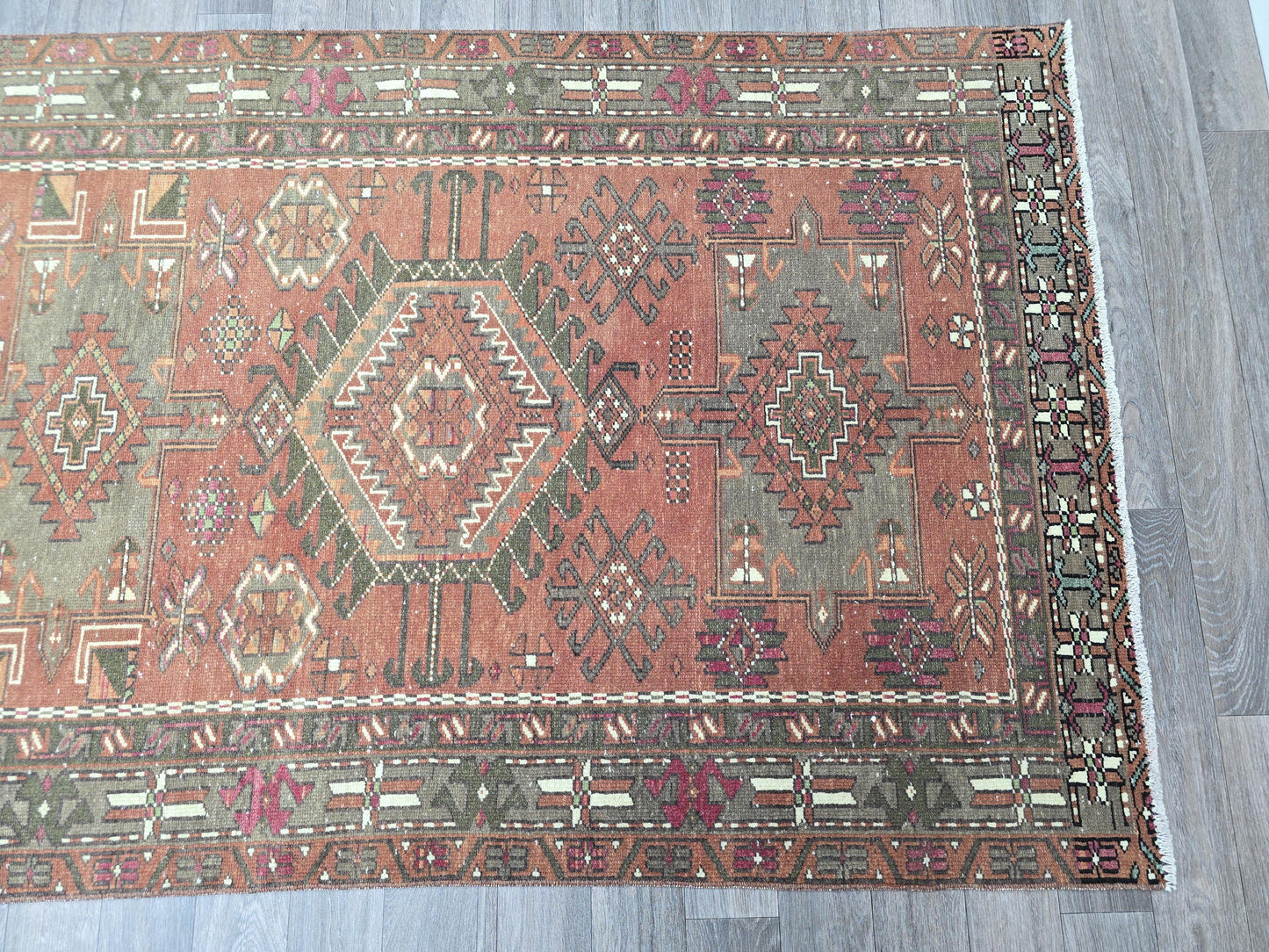 Vintage Turkish Runner Rug, Handknotted Tribal Anatolian Carpet in Terracotta, Olive Green and Pink, Boho Hallway Runner (3.50x13.30 feet)
