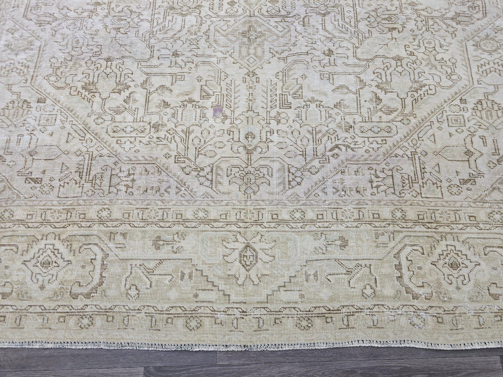 9x12 Vintage Hand Knotted Turkish Oushak Rug: Neutral Geometric Wool Carpet