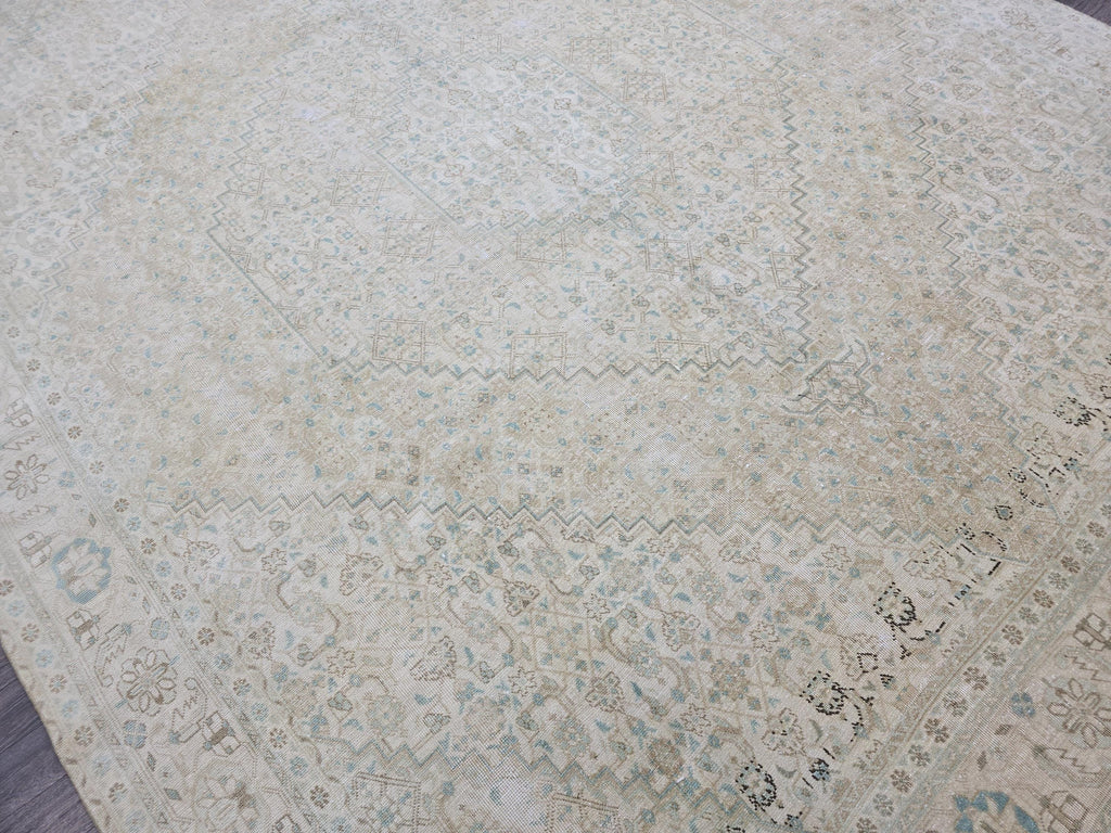 10x12 Muted Vintage Oushak Area  Rug Geometric Cream Beige Sage Green Brown