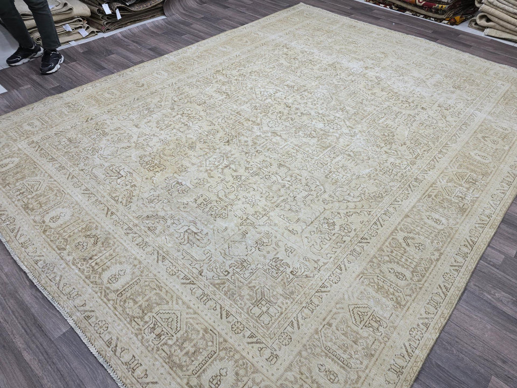 Vintage Turkish Oushak Rug: Hand-Knotted Wool, Muted Beige Medallion (9'4" x 12'3")